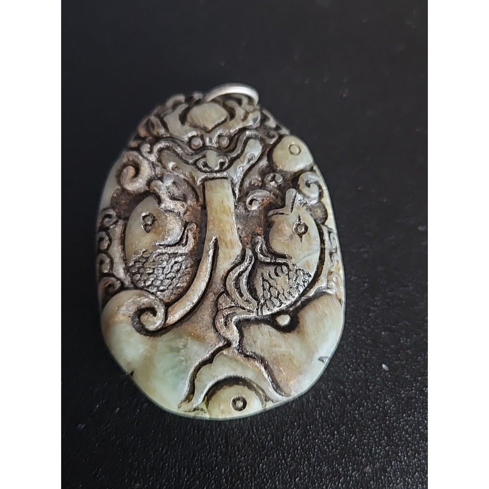 Vintage Chinese Hand Carved Jade Sea God & 2 Fish Amulet Pendant  Mythical